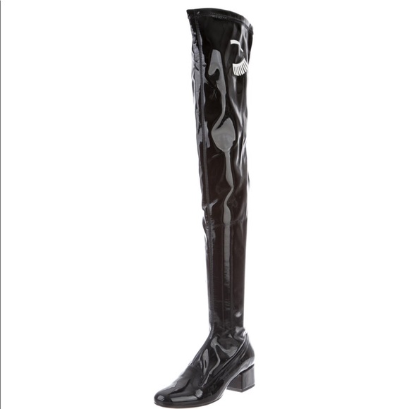 🆕CHIARA FERRAGNI BLACK PATENT LEATHER OVER THE KNEE BOOTS WITH LOW/FLAT HEEL - Picture 6 of 10